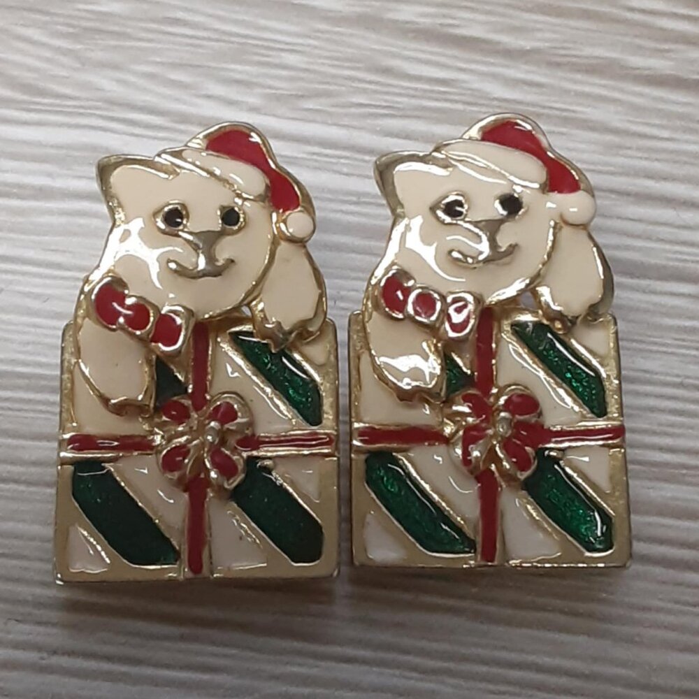 Vintage AIM Christmas Cat Present Enamel Dangle Gold Tone Earrings